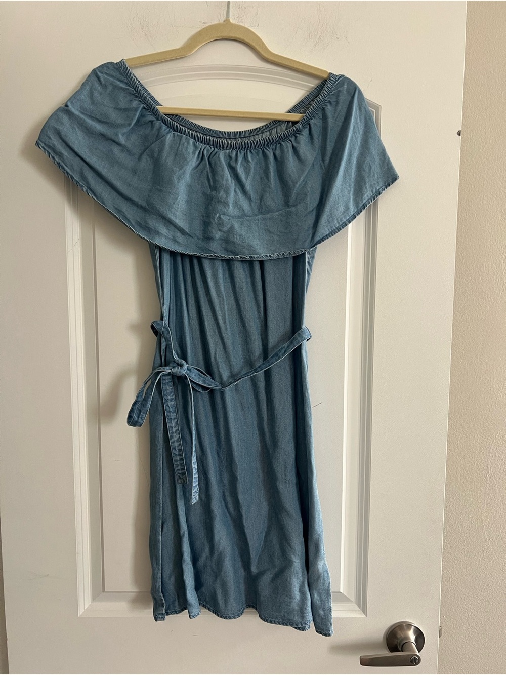 Off-the-Shoulder Denim Dress with Tie Waist
